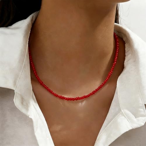 Tgirls Boho Choker Necklace Chain Rice Beaded Necklaces Seed Bead Necklace Accessory for Women - color: Red-2