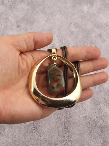GelConnie Leather Necklace for Women Round Wooden Pendant Long Leather Choker Vintage Sweater Necklace Gold Chunky Boho Necklaces for Women - style: Brown Stone Leather Necklace