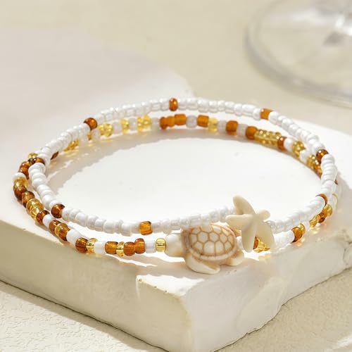 Qceasiy Shell Ankle Bracelet Set for Women, Gold Plated Boho Bead Adjustable Anklet, Hawaiian Beach Seashell Pearl Heart Starfish Conch Foot Jewelry Gifts - color: Turtle 2Pcs