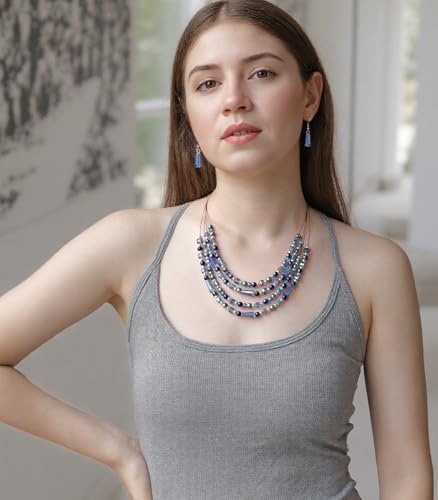 Errally Layered Beaded Statement Necklace Multi Strand Crystal Beads Collar Necklace and Earring Sets for Women Fashion Costume Jewelry Set Gifts for Her - color: Blue