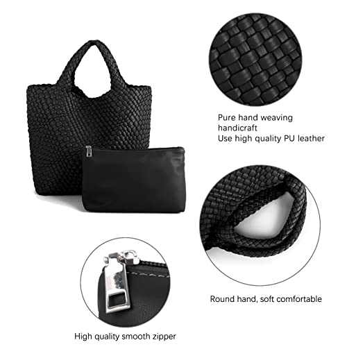 Hand Woven Bag Tote BagS For Women Top Handle Shoulder Vegan Leather Large Travel Beach Hobo Handbag - color: Black-a