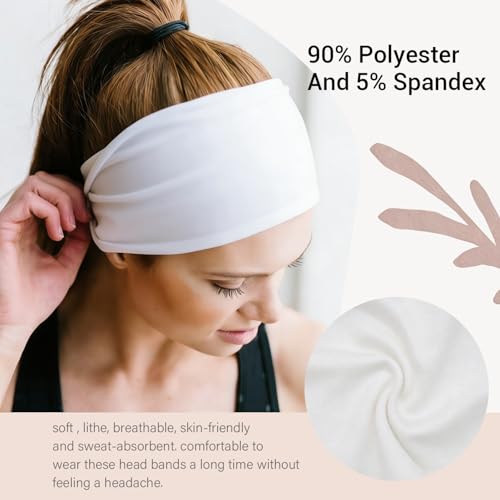 2 Pack White Wide Headbands for Women - Thick Stretchy Non Slip Fabric Sweat Bands, Soft Hair Bands for Workout, Running, Spa, Makeup & Washing Face - color: 2 Color (White+White)