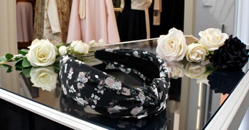 Black Bloom Floral Pattern, Colorful Spring Flower Satin Headbands for Women, Silk Feel, Soft Fabric, Knotted Headband Fashion Designer Top Knot - color: Black Bloom x