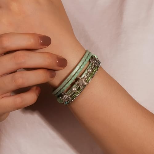 FANCY SHINY Turtle Starfish Leather Wrap Bracelet Boho Rhinestone Pearl Cuff Bracelets for Women Summer Beach Jewelry for Women - color: Green