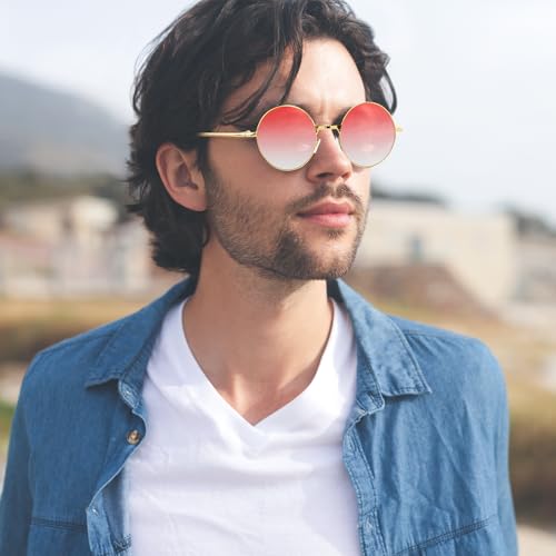NACHLYNN Round Hippie Sunglasses Metal Border Circle Hippie Glasses UV380 Protection 70s Sunglasses for Men Women Party Favor - color: Gradient Red