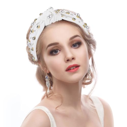 WantGor Pearl Knotted Headband, Women Rhinestone Embellished Hairband Elegant Wide Top Knot Bride Headbands Headpieces Party Fashion Elegant Ladies Hair Band Hair Hoop Accessories (White) - color: White