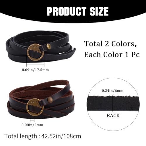 GORGECRAFT 2Pcs Cowhide Womens Black Leather Wrap Bracelet Stackable 5 Wrap Around Circle Genuine Leather Boho Vintage Punk 6mm Wristlet Cuff Long Strap Bracelets for Women Bracelet Handmade Jewelry