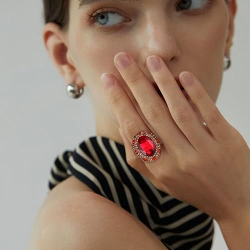 HZMAN Crystal Ring for Women Retro Antique Rhinestone Ring Cubic Zirconia Gold Plated Turkish Ring Jewelry Gift - color: Red-Oval