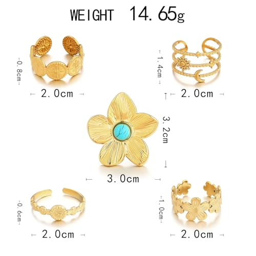 Bohemian Turquoise Ring for Women Chunky Gold Flower Statement Rings Vintage Round Turquoises Stackable Knuckle Ring Set for Women Western Jewelry - style: Turquoise flower ring-B