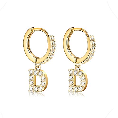 14K Gold Plated Cubic Zirconia Initial Earrings Delicate Small Hoop Earrings Hypoallergenic Letter Earrings for Women - style: D