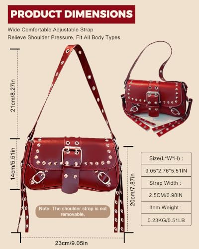 Y2K Trendy Purse for Women, Leather Buckle Punk Hobo Clutch Purses Bags for Ladies Top Handle Shoulder Bag - color: Deep Red