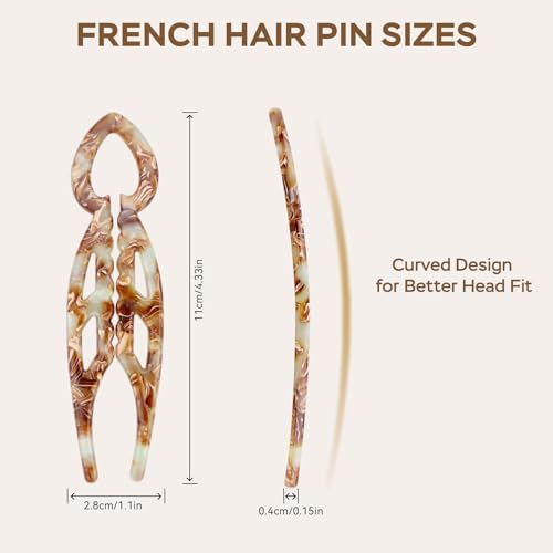 4PCS Prestige French Hair Pins for Women - 4.33 Inch Large Tortoise Shell Hair Pin, Acetate Curved Design for Updos Buns Chignons, Strong Hold Hair Styling Pins for Thick Thin Hair