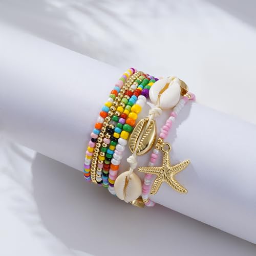 Shell Bracelet Seashell Boho Beaded Stretch Bracelets for Women Summer Beach Bracelets Starfish Charm Bracelet Stackable Gold Plated Bracelets Set for Women - color: a-mix color