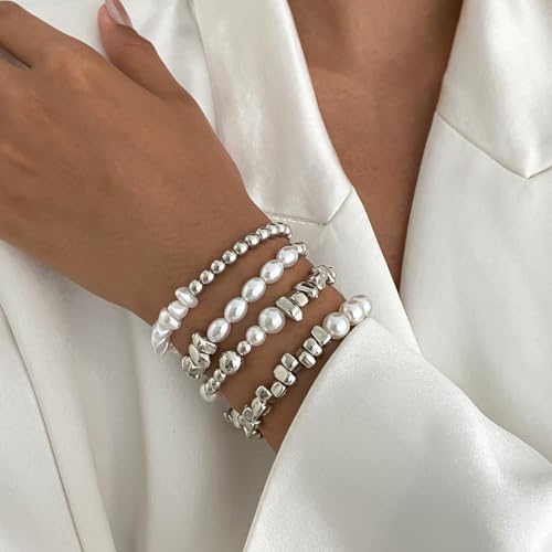 VIBILIA Gold Beaded Bracelets Set for Women 14K Gold Plated Dainty Pearl Cross Bracelet Stack Stretch Bracelet Set Fashion Accessories Gifts - color: 4P-#02-BK-Silver
