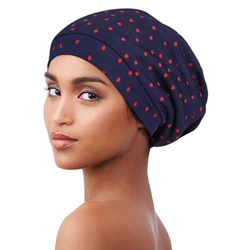 Alnorm Unisex Chic Cap for Natural, Curly Long Hair, Frizzy Hair, or Deadlocks - color: Navy Red Dots