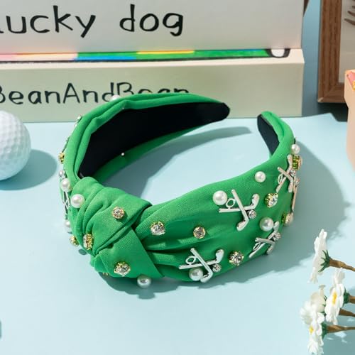 PANTIDE Golf Jeweled Knotted Headband - Golf Club Ball Pearl Rhinestone Embellished Headband Non Slip Wide Top Knot Costume Hairband Hair Accessories Sport Party Birthday Gift for Women Girls (Green) - color: Green Golf