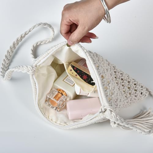 Eiyye Handmade Crochet Purse Boho Cotton Rope Crossbody Shoulder Bag with Tassel Casual Bag for Women - color: Off-white