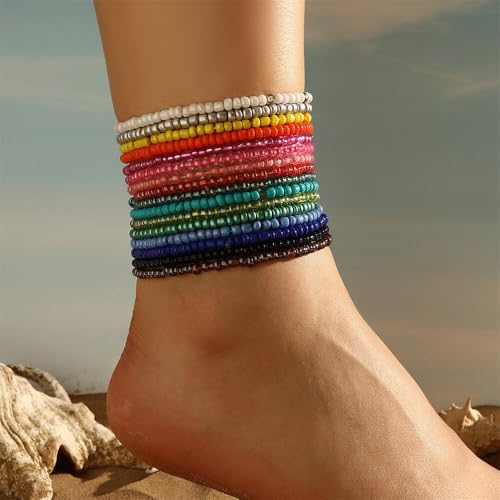 Boho Stackable Seed Beaded Bracelets for Women 18-20Pcs Colorful Handmade Multilayered Rice Bead Bracelet Set Summer Beach Bohemian Jewelry Gift - color: B-Multicolor(larger)