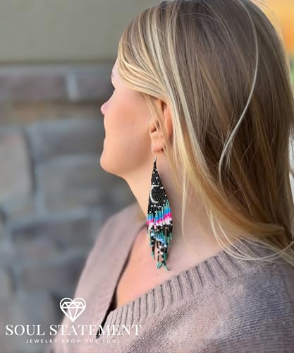 Long Beaded Earrings for Women, Statement Tassel Dangling Earrings, Native American Jewelry Boho Country Colorful Flower Moon Bead Gifts - style: Pink Aurora Night