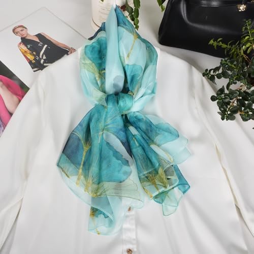100% Mulberry Silk Women's Neck Silk Scarf-Lightweight Shawl,FLoral Print Beach Silk Wrap-Scarves for Photography - color: Blue Ginkgo Leaf
