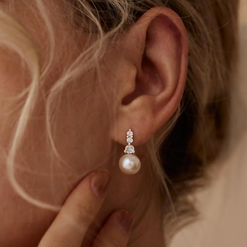 Pearl Earrings for Women, Dainty Wedding Bridal Earrings 14k Gold Plated CZ Pearl Drop Earrings for Women Trendy Hypoallergenic Unique Gold Drop Earrings Fashion Prom Jewelry - color: Gold-G