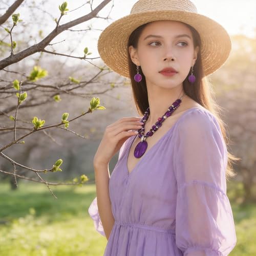 Layered Beads Statement Fashion Necklace Chunky Jewelry Set Big Colorful Glass Stone Circle Shell Pendant Choker Necklace and Earring Set for Women - color: purple