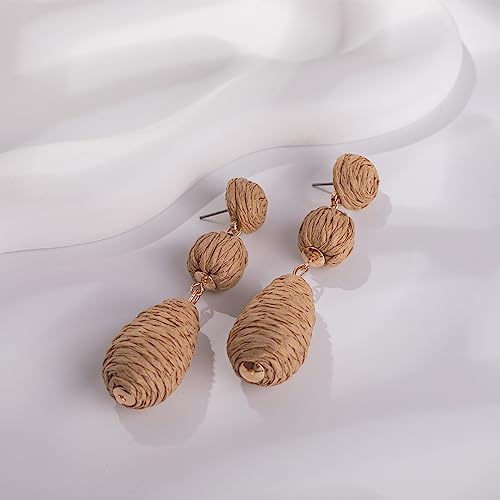 Boho Raffia Earrings Statement Dangle Earrings Cute Teardrop Ball Earrings Colorful Summer Jewelry Handmade Rattan Earrings for Women - color: Wheat