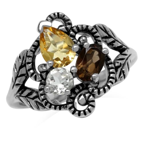 Silvershake Natural Citrine Smoky Quartz and White Topaz 925 Sterling Silver Vintage Style Leaf Ring