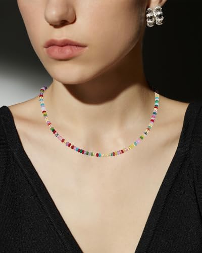 Boho Beaded Necklace for Women, Colorful Natural Stone Choker Necklace, Summer Beach Bead Necklaces Handmade Jewelry Birthday Gifts - color: 4MM