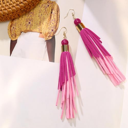Coiris Boho Leather Layered Tassel Earrings for Women Lightweight Leather Fringe Dangle Earrings Handmade Bohemian Summer Beach Western Drop Earrings for Women - color: RosePink