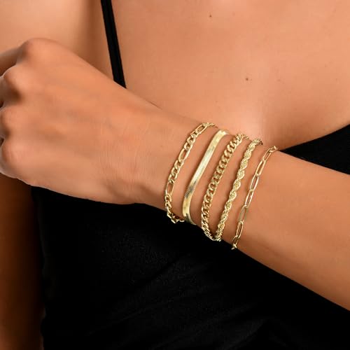 Dainty Gold Bracelets for Women, 14K Gold Plated Stackable Bracelet Set, Adjustable Beaded Cuban Paperclip Herringbone Figaro Snake Rope Chain Jewelry - style: Set7 Gold 5Pcs