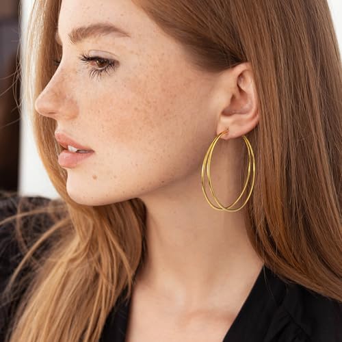 OOOPEL Large Thin Double Hoop Earrings for Women Lightweight Hypoallergenic 925 Sterling Silver Post 14K Gold Hoops Non Tarnish Sturdy Big Thin Double Layered Hoop Earrings 30/40/50/60mm - color: Gold, size: 60mm