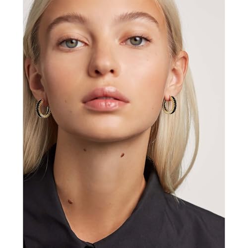 Trendy 14K Gold Plated Hoop Earrings for Women, Chunky Gold/Silver Earrings for Women Cubic Zirconia Baguette Hoop Earrings Heart Hoops Lightweight Hypoallergenic Jewelry,25mm/35mm/40mm/50mm - color: 01 Gold Black CZ Hoops 25mm