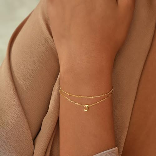 Turandoss Initial Bracelets for Mom Women, Dainty 18K Real Gold Plated Layered Letter A-Z Initial Bracelets Personalized 26 Alphabet Monogram Gold Bracelets for Women Birthday Jewelry Gifts Trendy - color: J