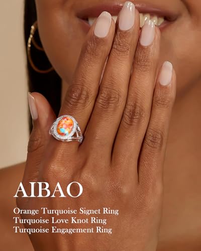 AIBAO 4-12 Ct Large Oval Engagement Rings for Women Natural Turquoise/Lapis Lazuli/Malachite Celtic/Infinity/Love Knot Halo Ring Size 6 to 10 Anniversary Christmas Valentines Gift - style: 4.62 Ct Orange Oyster Turquoise & Created White Sapphire