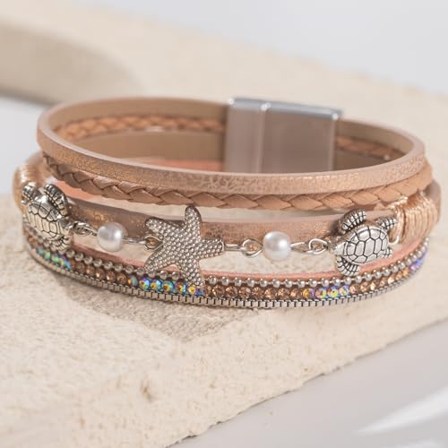 FANCY SHINY Turtle Starfish Leather Wrap Bracelet Boho Rhinestone Pearl Cuff Bracelets for Women Summer Beach Jewelry for Women - color: Rose Gold