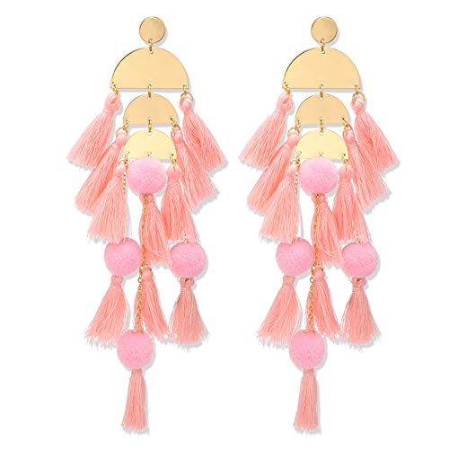 Long Tassel Earrings for Women Colorful Fringe Drop Dangle Earrings Bohemian Hawaiian Summer Beach Jewelry for Womens Vacation Outfits - color: Blush Pink