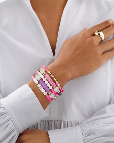 Elegance 11 designs colorful bracelets for women Surfer Thick Tube Heishi Summer Beach Beaded Stackable Boho Stretch Bracelets - color: Bright Red