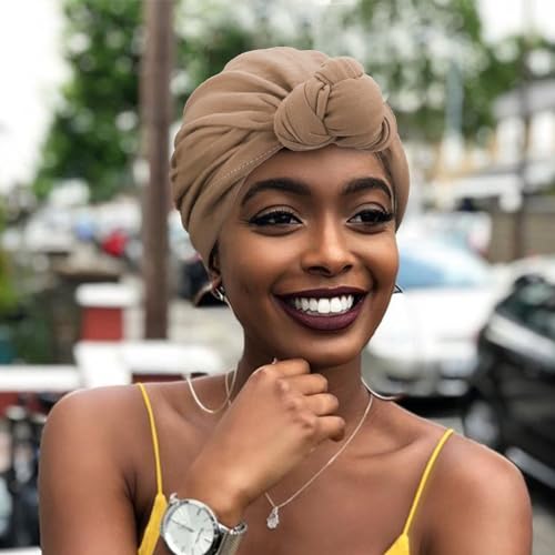 DRESHOW 5 Pack Knotted Headwraps for Women African Turban Pre-Knotted Beanie Headwraps Hair Covers - color: 5 Pack Knotted: Black, Khaki, Rose, Purple, Teal
