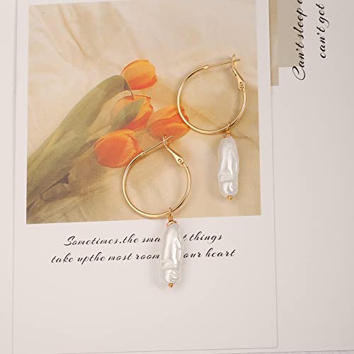 Gold Plated Huggie Hoop Earrings with Charms Fashion Pearl Drop Dangle Earrings for Women Handmade Karma Circle Jewelry for Ladies Lightweight Pearl Earrings on Christmas - color: biwa bar