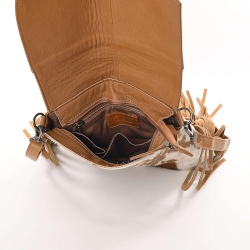 Merbaa Sunset Star Crossbody Bag - Real Cowhide Hairon Women's Handbag with Leather Fringes - color: Tan