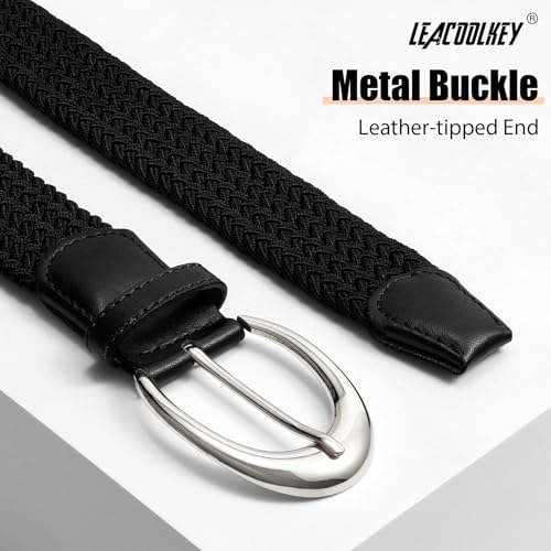 LEACOOLKEY Stretchy Braided Golf Belt for Women Elastic Woven Belts Unisex Elastic Fabric Belt for Jeans Pants - color: Black/Silver Buckle, size: Fit waist size below 27"