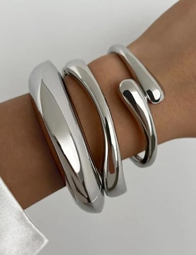 Chunky Gold Bangle Bracelets for Women, Dainty 14k Gold Plated Big Stackable Bangles Set, Trendy Statement Cuff Bracelet Stack Summer Beach Jewelry Gifts - style: Silver
