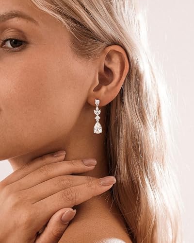 HANLI Dangle Earrings for Women – 14K Gold Plated/Silver Drop Earrings Sparkly CZ Gold Dangle Earrings Elegant Dangling Earrings for Wedding Bridal Prom Jewelry - color: 1-Dangle CZ Silver