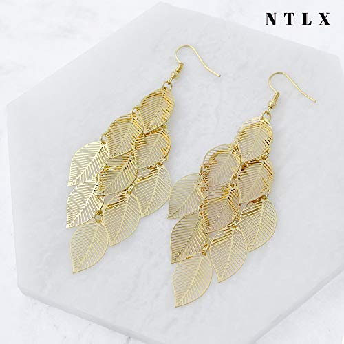 Bohemian Boho Filigree Leaf Chandelier Dangle Earrings for Women – Handcrafted Delicate – 14K Gold Plated – Lightweight - style: Gold - 5 Layered Leaf Chandelier
