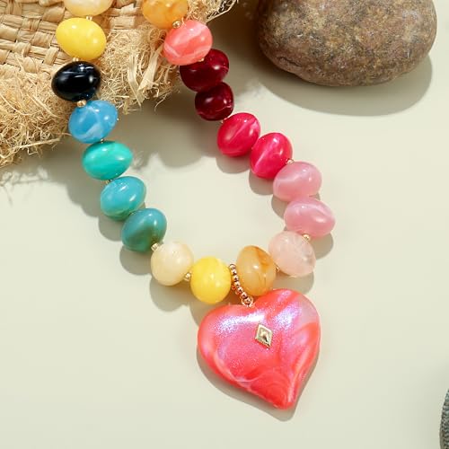 Elegance 11 designs Chunky Heart Necklace for Women, Colorful Acrylic Beaded Statement Puff Heart Necklace, Cute Boho Y2K Choker Necklace for Gift Jewelry - color: Red Heart Pendant Necklace