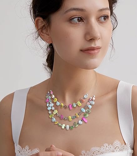 3 Layered Chunky Statement Necklace for Women Beaded Strand Necklaces with Earring Fashion Costumes Collar Necklace Jewelry Sets Gifts for Women - color: 50-Light colorful