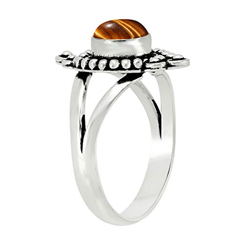 Round Shape Natural Gemstone Vintage Style Handmade Rings for Women - 925 Silver Overlay Handmade Birthstone Ring Jewelry Gift for Her Mom Wife Sister - color: Tiger Eye