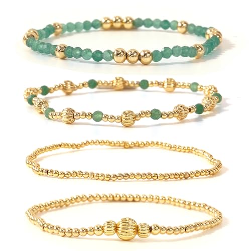 Dainty 14K Gold Lantern Beaded Bracelets Stack for Women,4PCS Colorful Glass Beads Stretch Stackable Bracelets Set Fashion Prom Jewelry Gift Friendship - color: Green