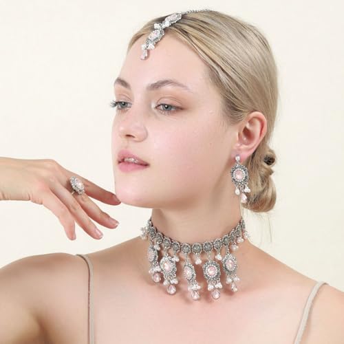 Luxury Waterdrop Rhinestone Pearls Tassel Charm Necklace Earrings Ring Maang Tikka Jewelry 4PCS Set Oxidized Antique Silver Flower Choker Ethnic Indian Retro Crystal Bollywood Bridal Wedding for Women - color: Pink